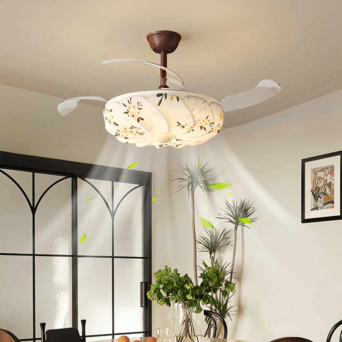 Antizer Floral Fabric Retractable Ceiling Fan Light