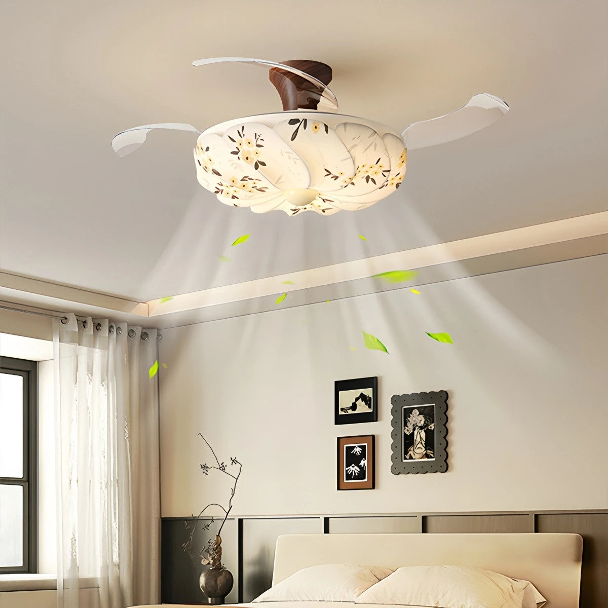 Antizer Floral Fabric Retractable Ceiling Fan Light