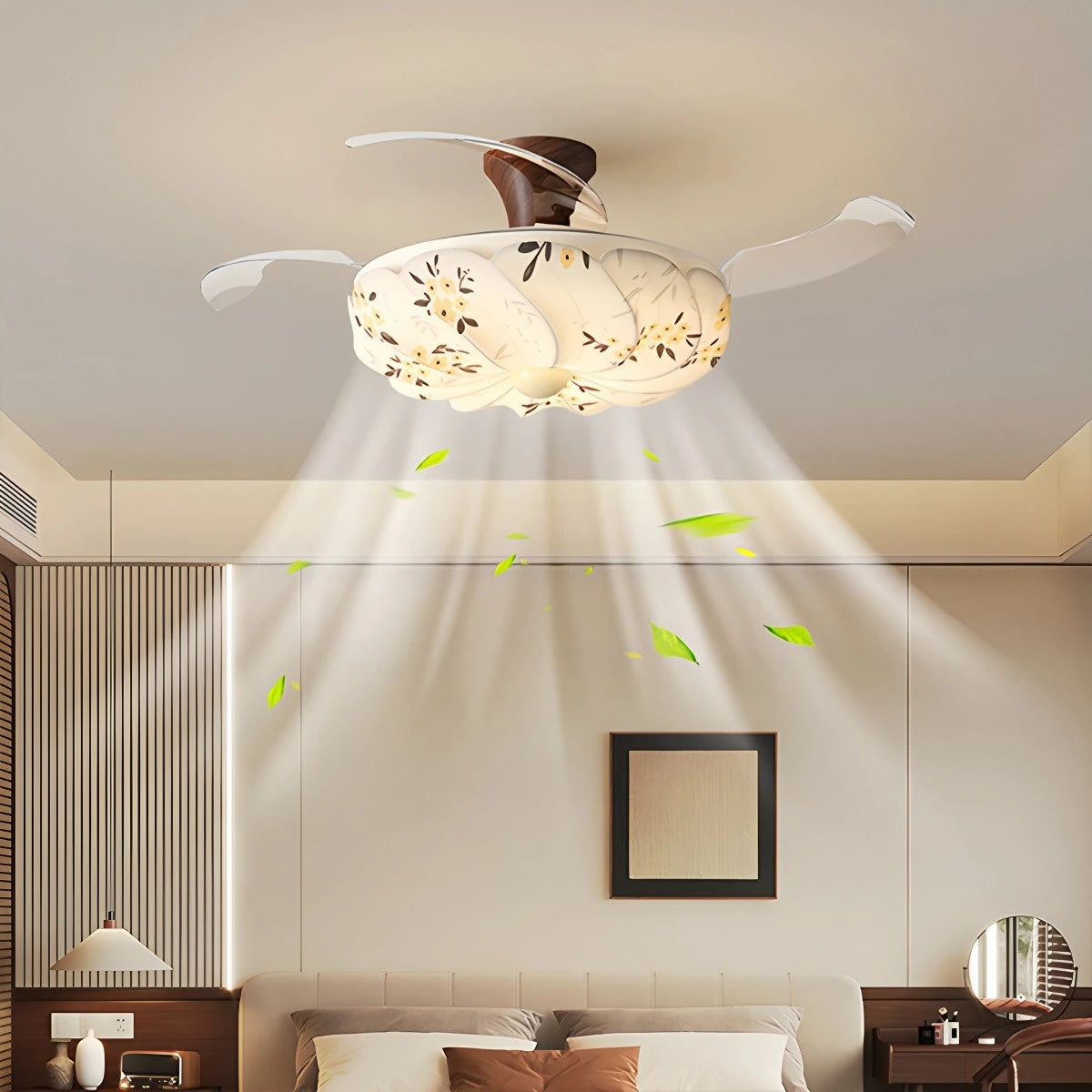 Antizer Floral Fabric Retractable Ceiling Fan Light