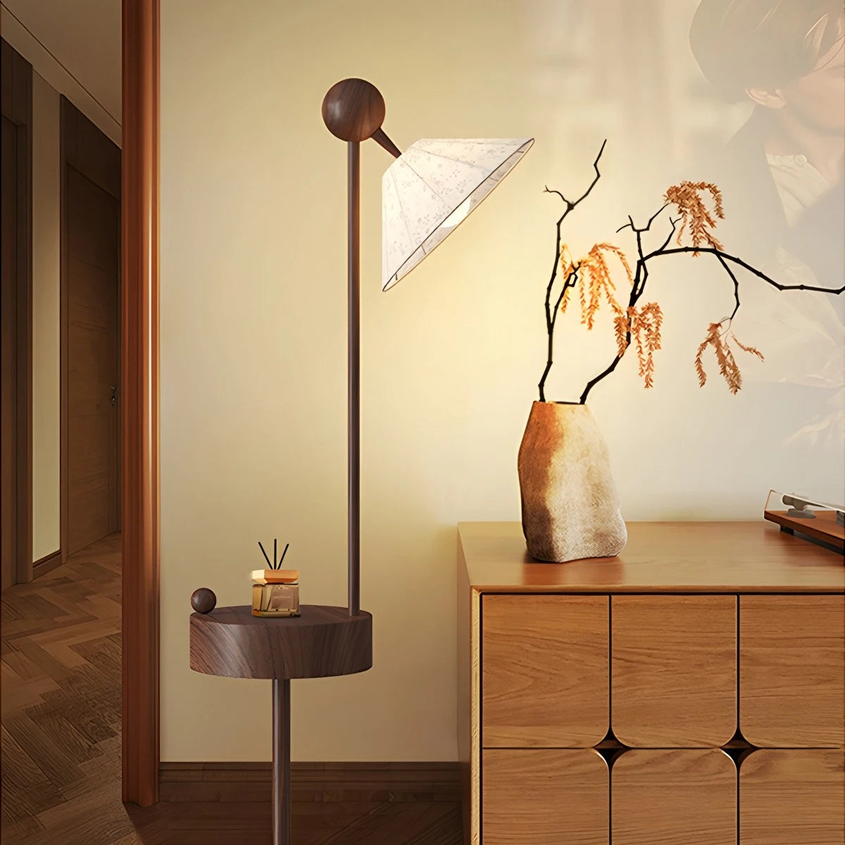 Antizer Retro Fabric Lampshade Floor Lamp with Round Shelf