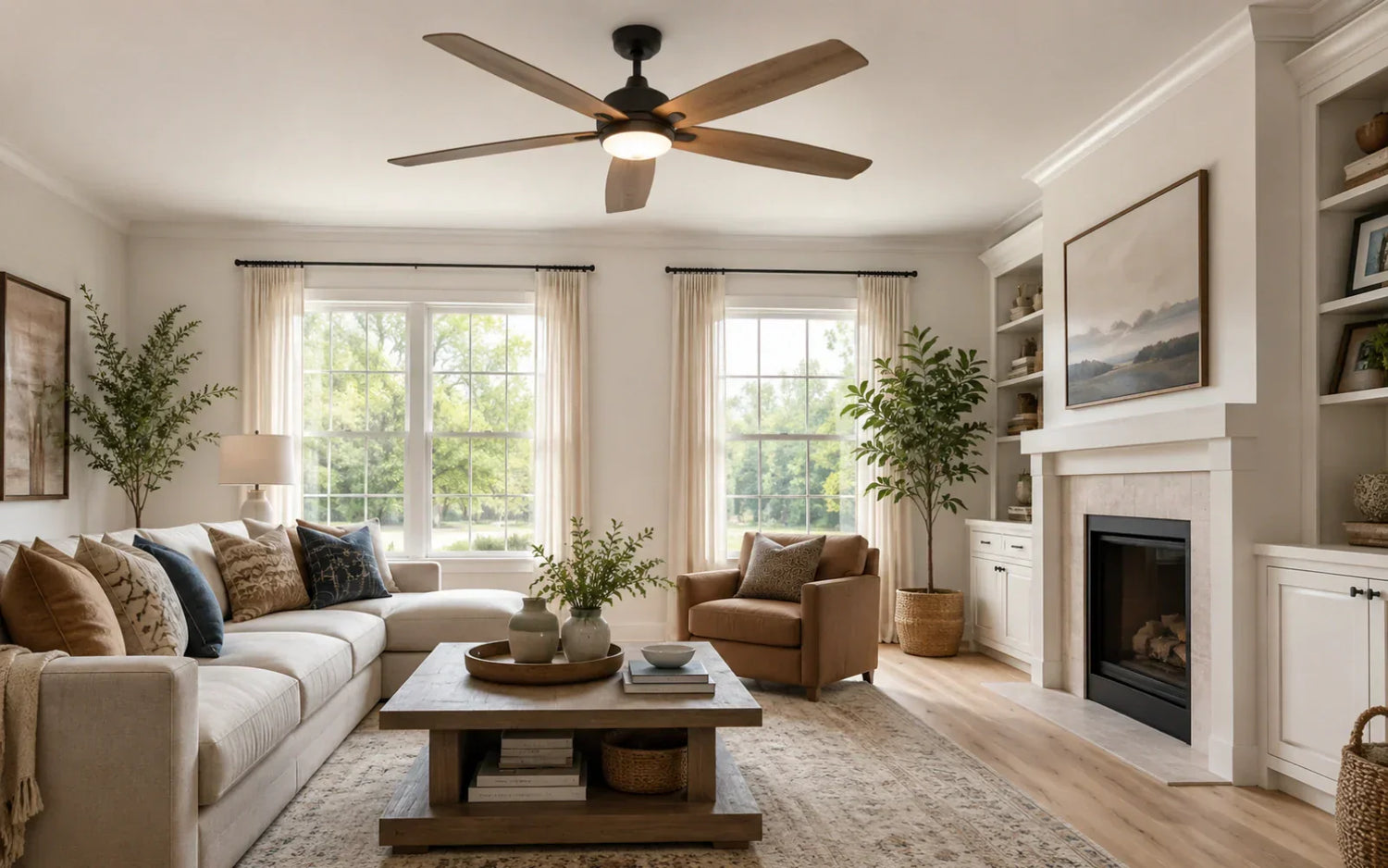 Modern ceiling fan light with wood blades in a bright living room