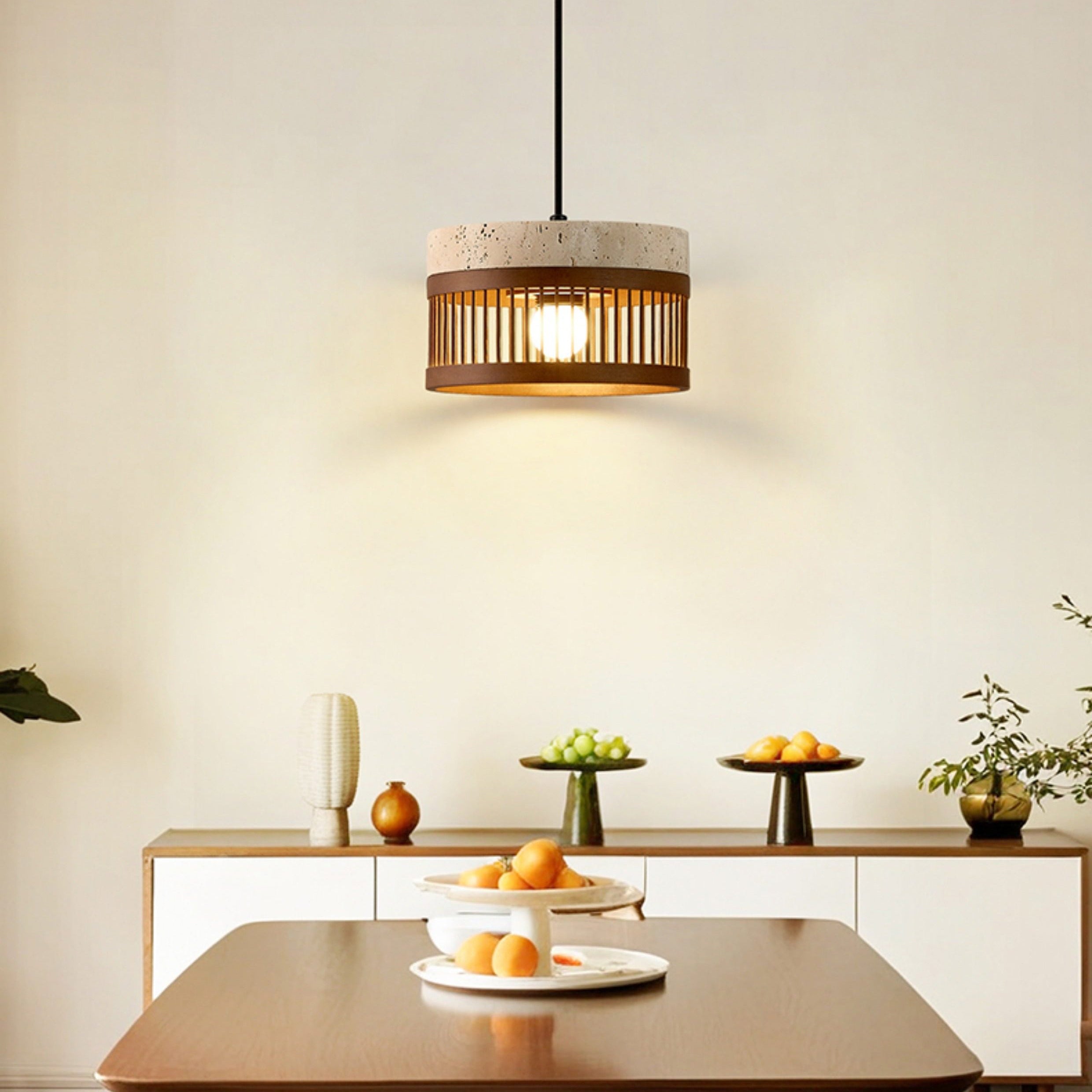 Antizer Modern Cylinder Slatted Travertine Pendant Light