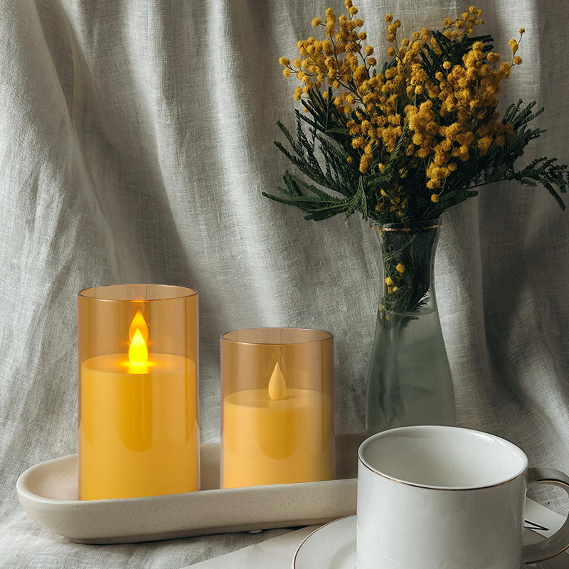 Glass Pillars Battery Flameless Candles-Amber