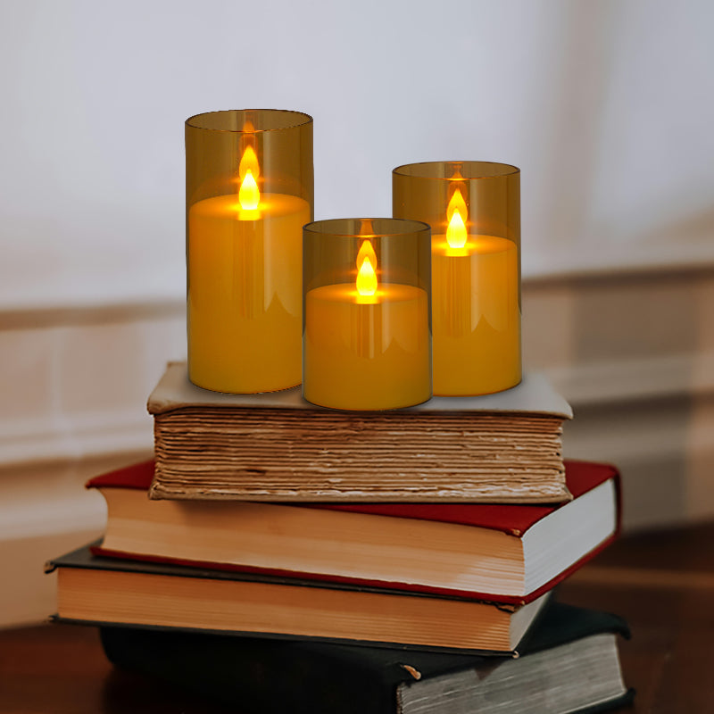 Glass Pillars Battery Flameless Candles-Amber