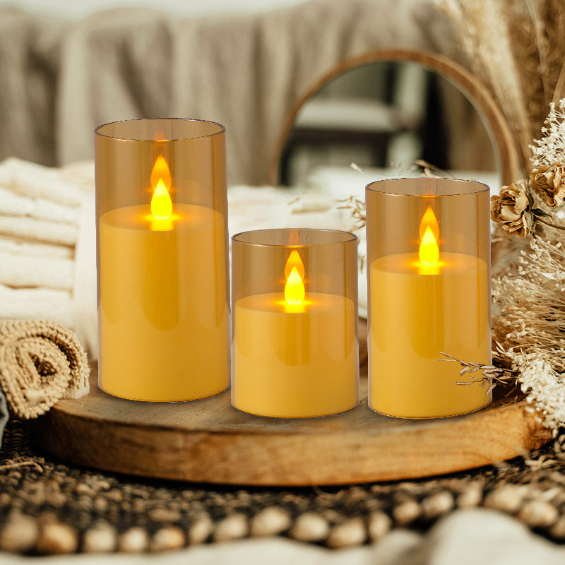 Glass Pillars Battery Flameless Candles-Amber