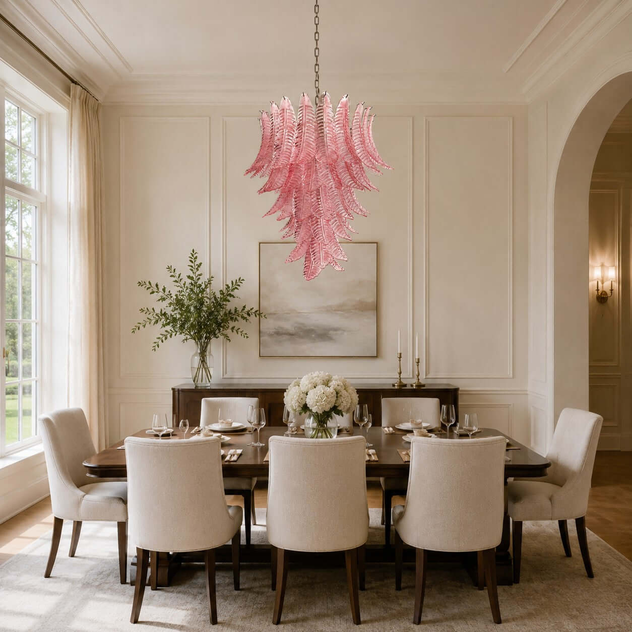 Antizer Murano Layered Pink Glass Leaf Chandelier