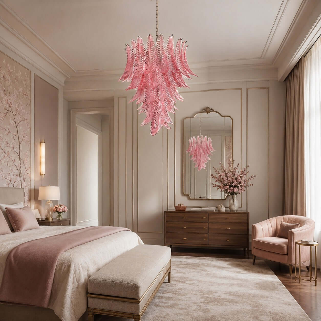 Antizer Murano Layered Pink Glass Leaf Chandelier