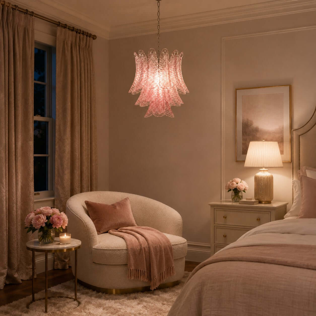 Antizer Murano Layered Pink Glass Leaf Chandelier
