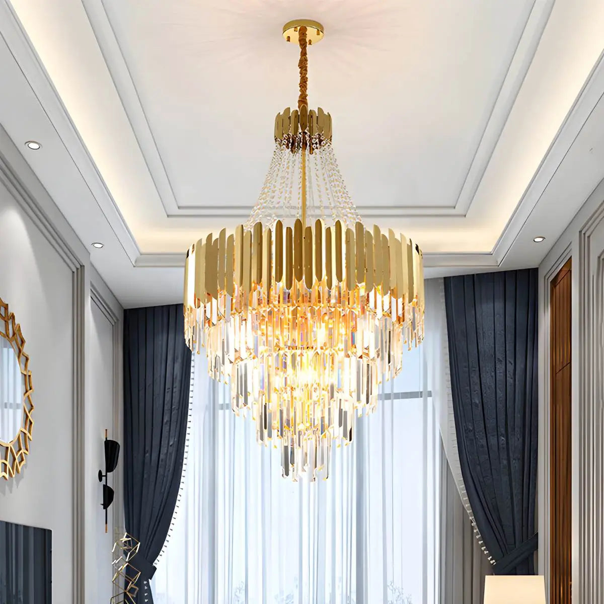 Antizer Large Tiered Gold Crystal Chandelier