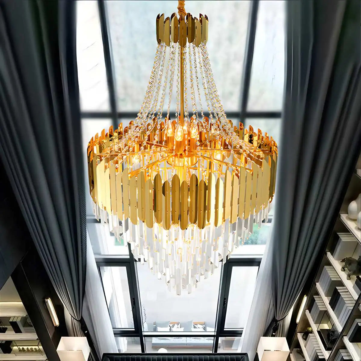 Antizer Large Tiered Gold Crystal Chandelier