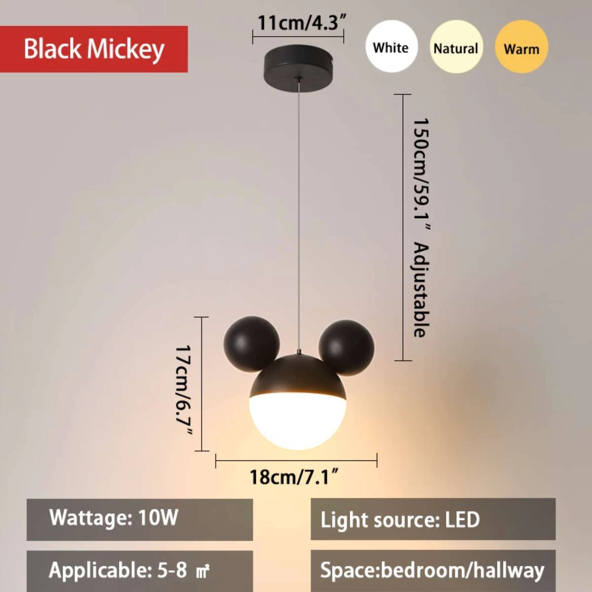Antizer Cartoon Mickey Pendant Lamp Black Tricolor Dimming