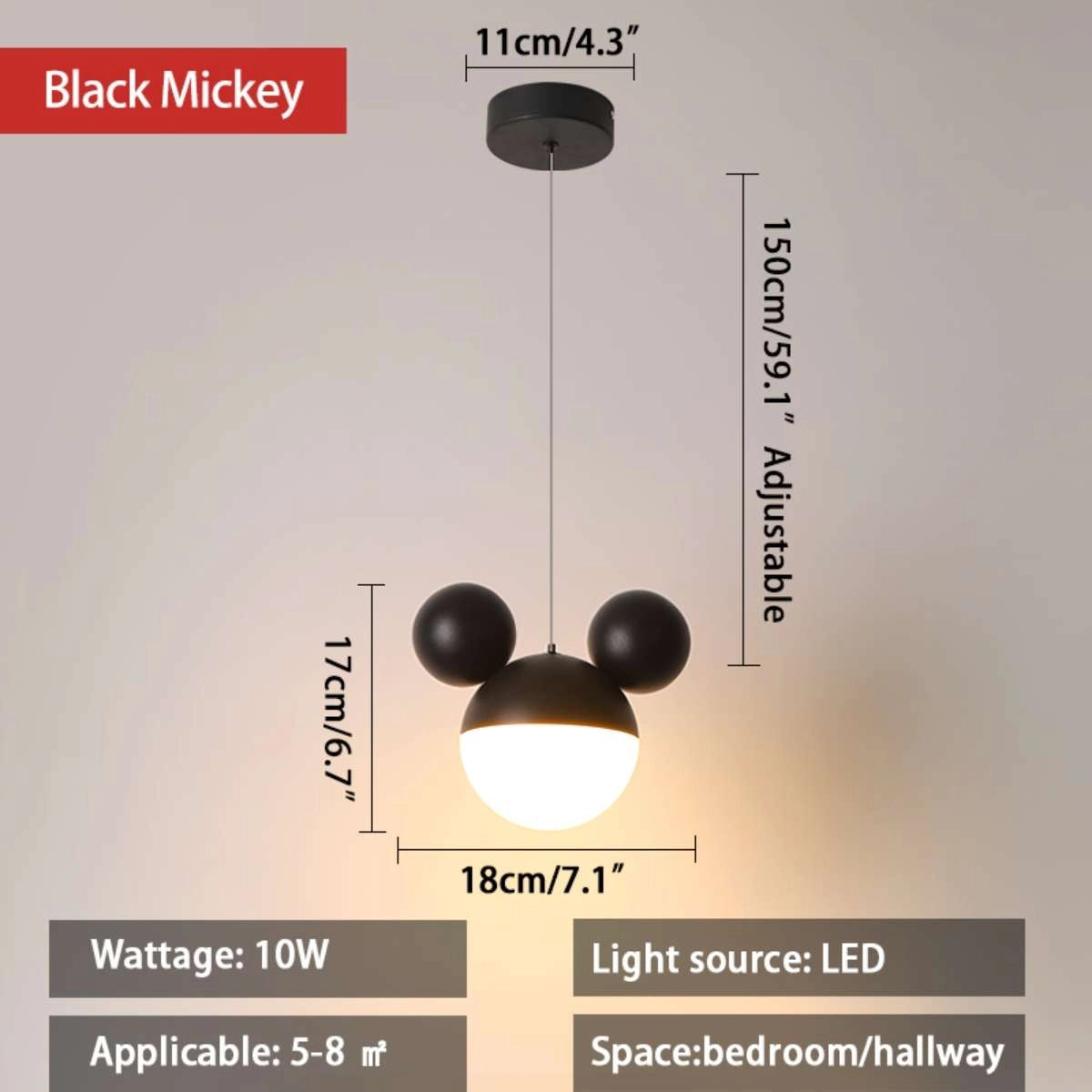 Antizer Cartoon Mickey Pendant Lamp Black Warm Light