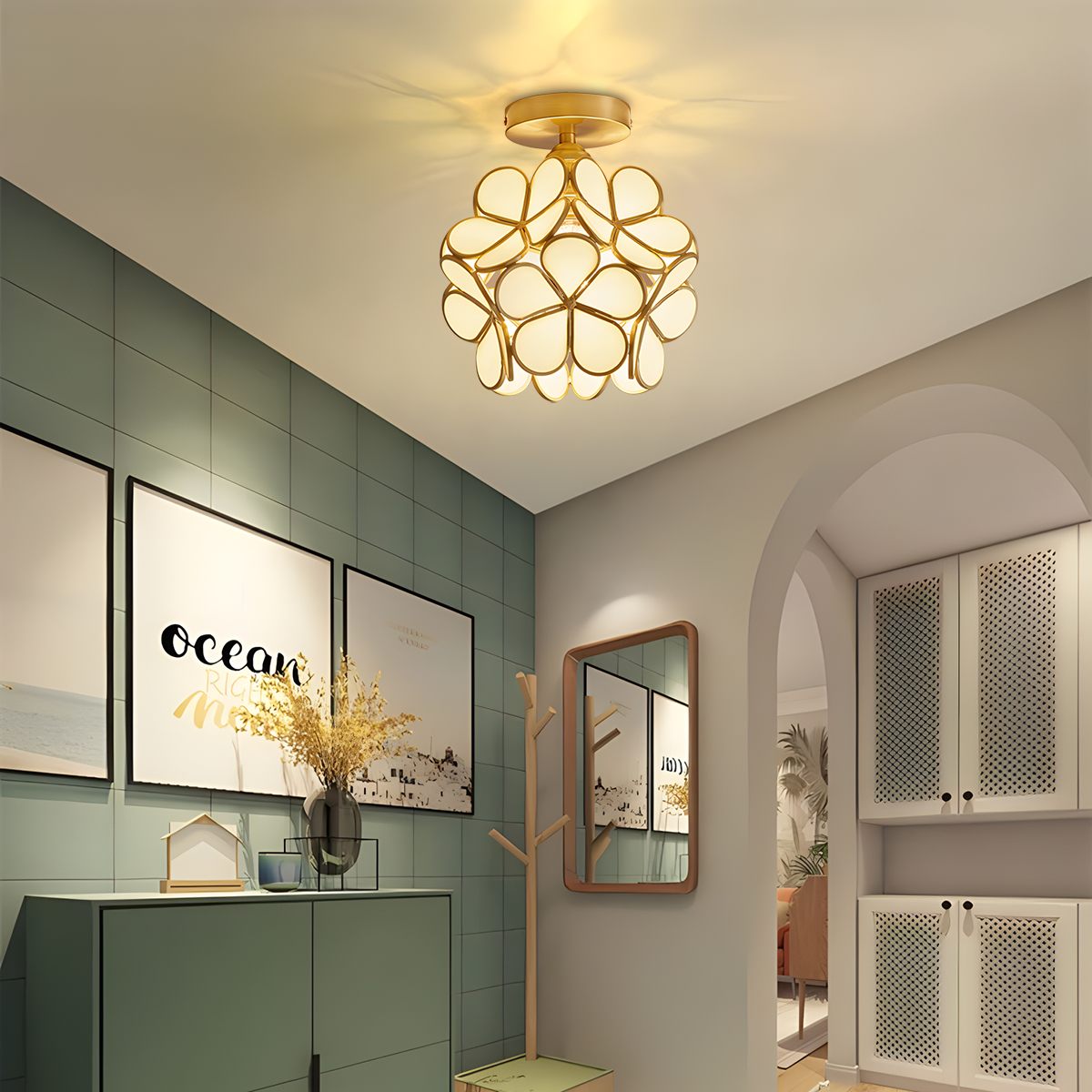 European Style Copper Glass Ceiling Lamp-E