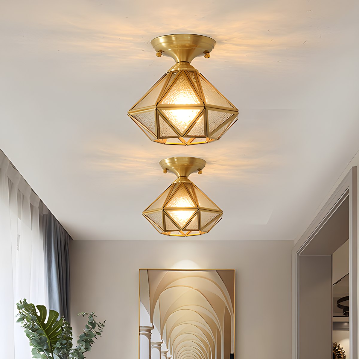 European Style Copper Glass Ceiling Lamp-A