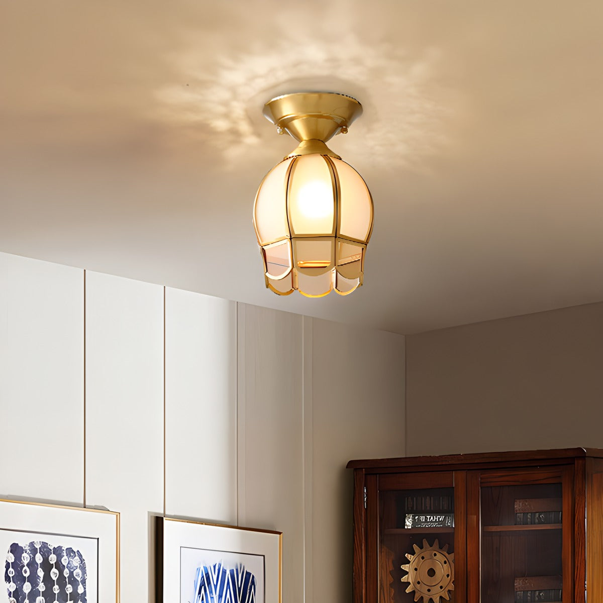 European Style Copper Glass Ceiling Lamp-F