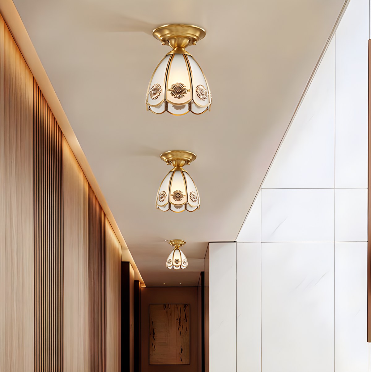 European Style Copper Glass Ceiling Lamp-F