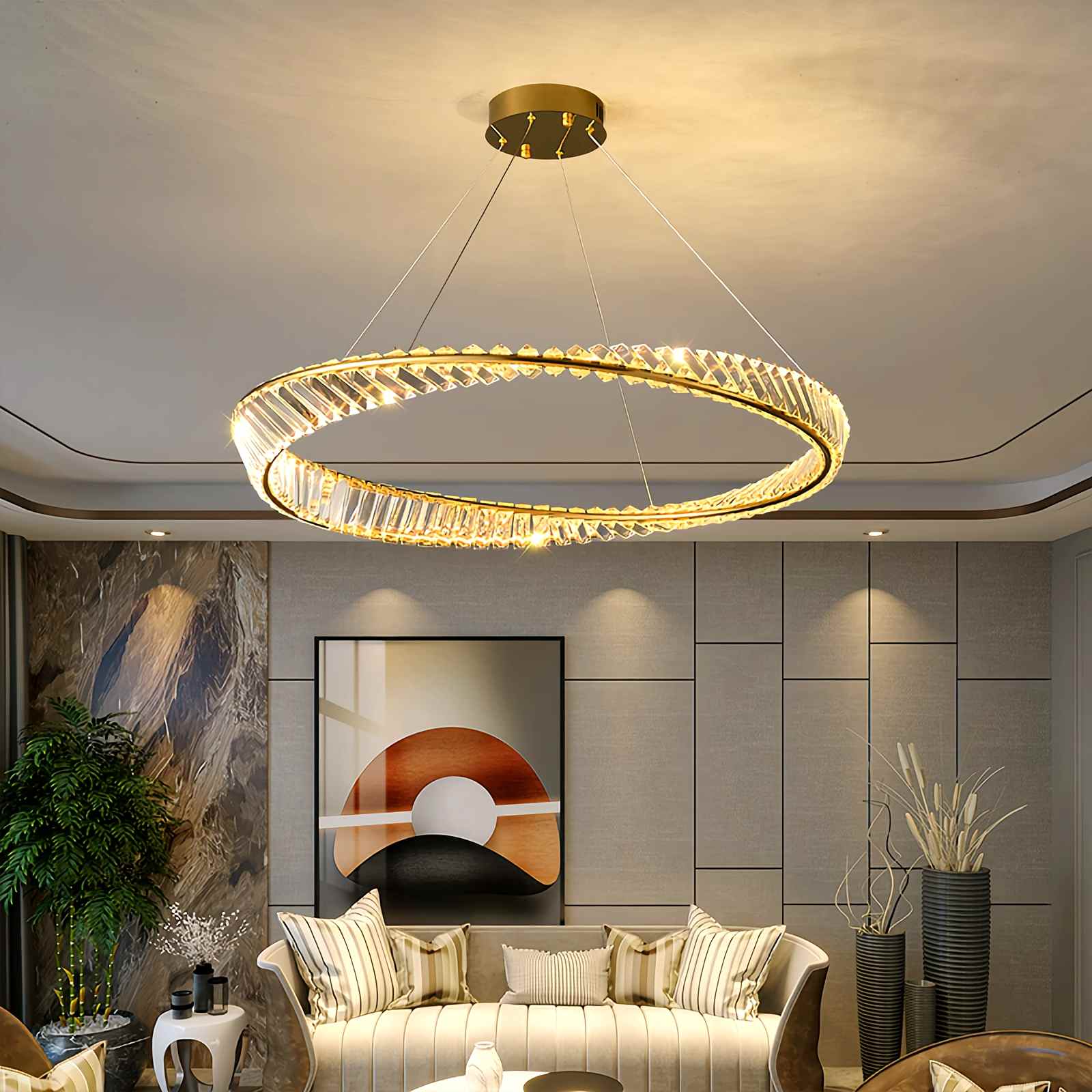 Modern Luxury Metal Glass Ring Chandelier