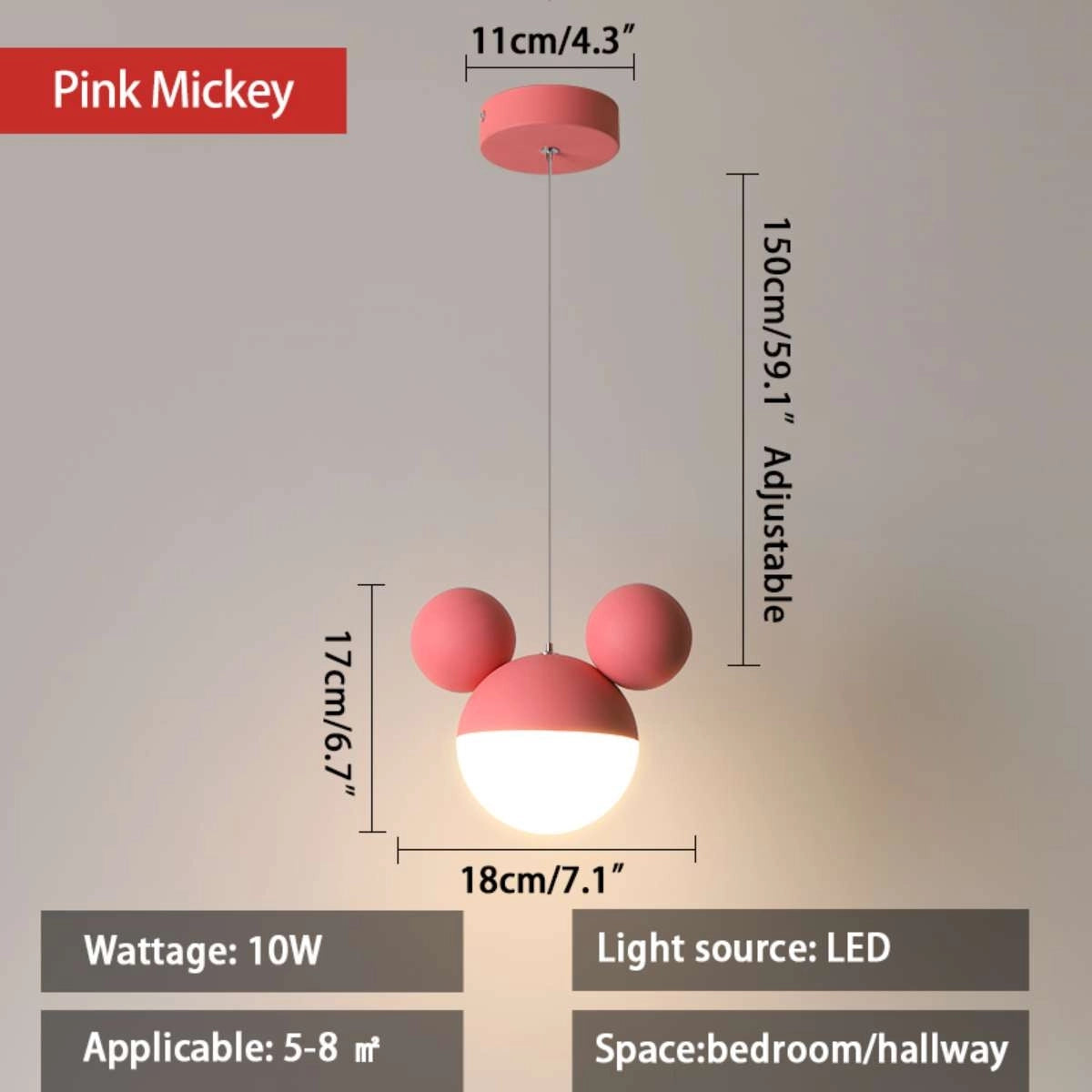 Antizer Cartoon Mickey Pendant Lamp Pink Warm Light