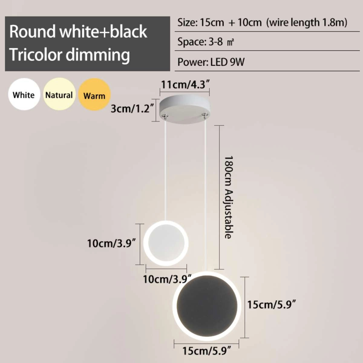 Antizer Modern Simple Ceiling Pendant Light Round White+Black Tricolor Dimming