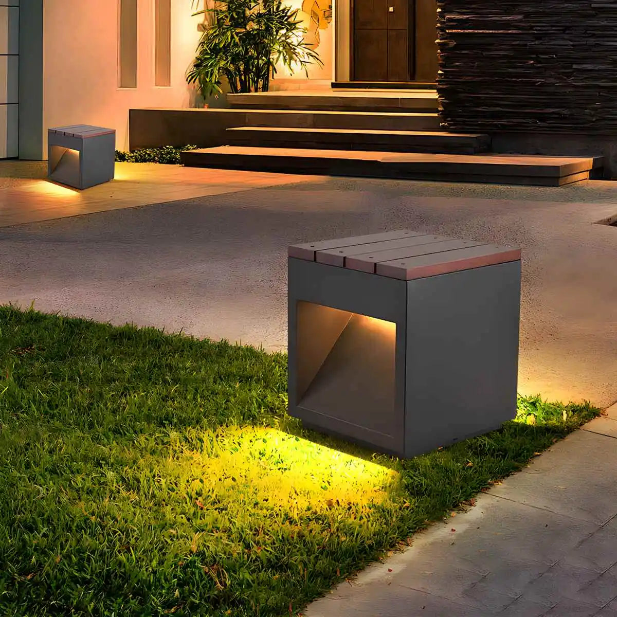 Solar Wooden Square Stool Outdoor Light