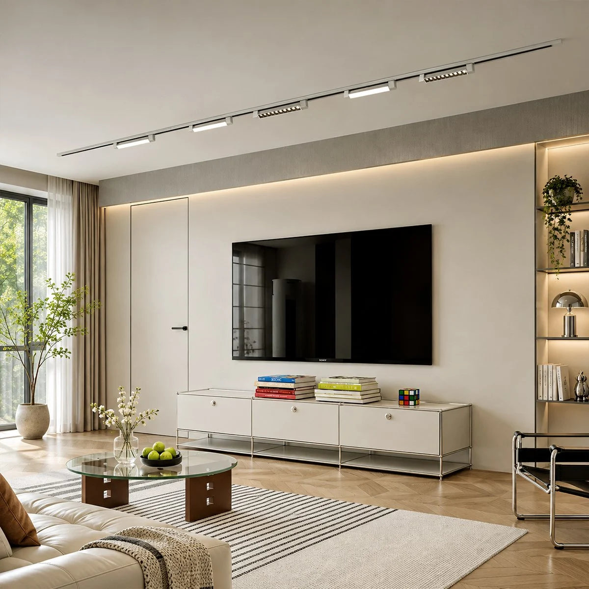 Antizer Bauhaus brushed nickel track lighting used in a modern living room