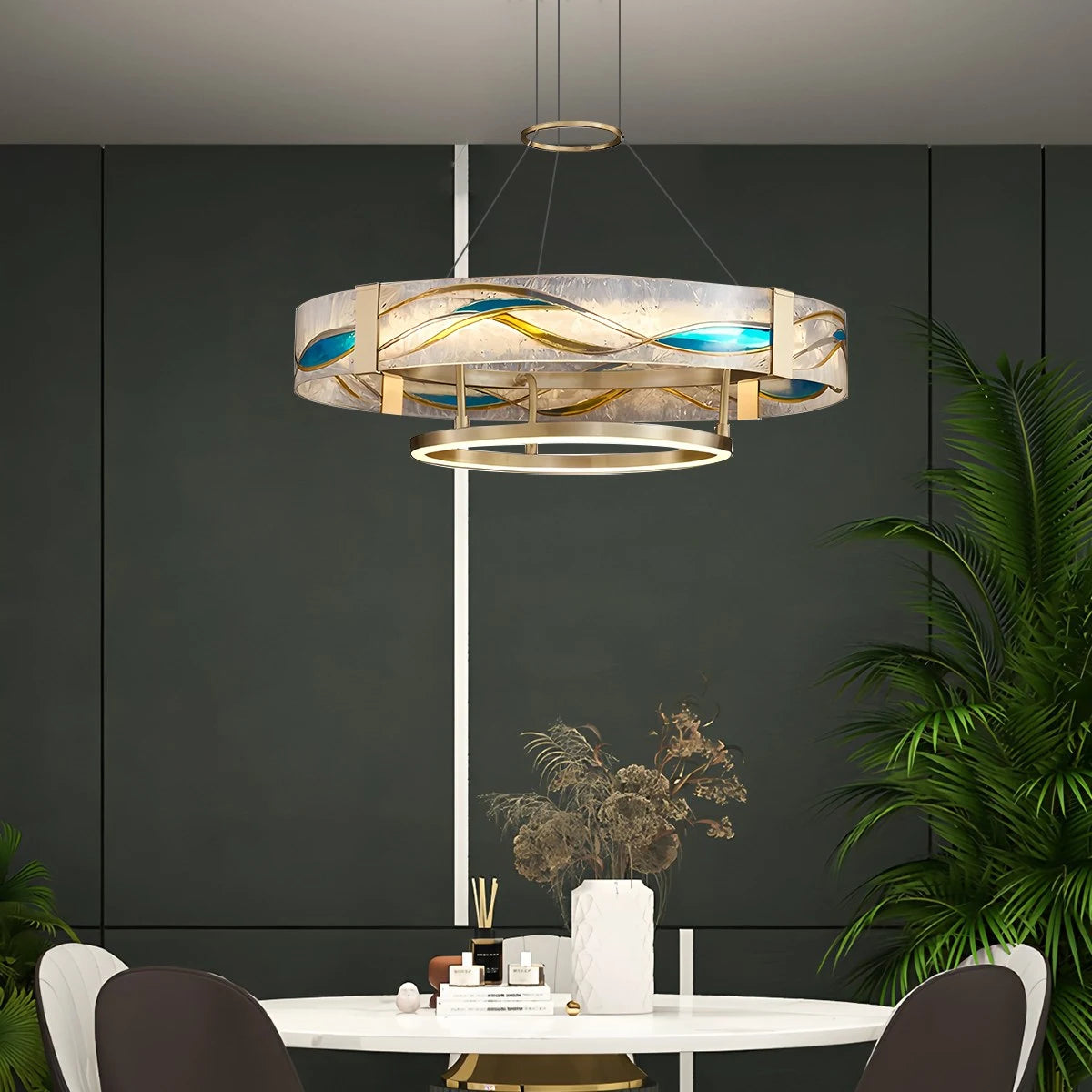 Antizer Enamel Round Brass Chandelier for Dining Area
