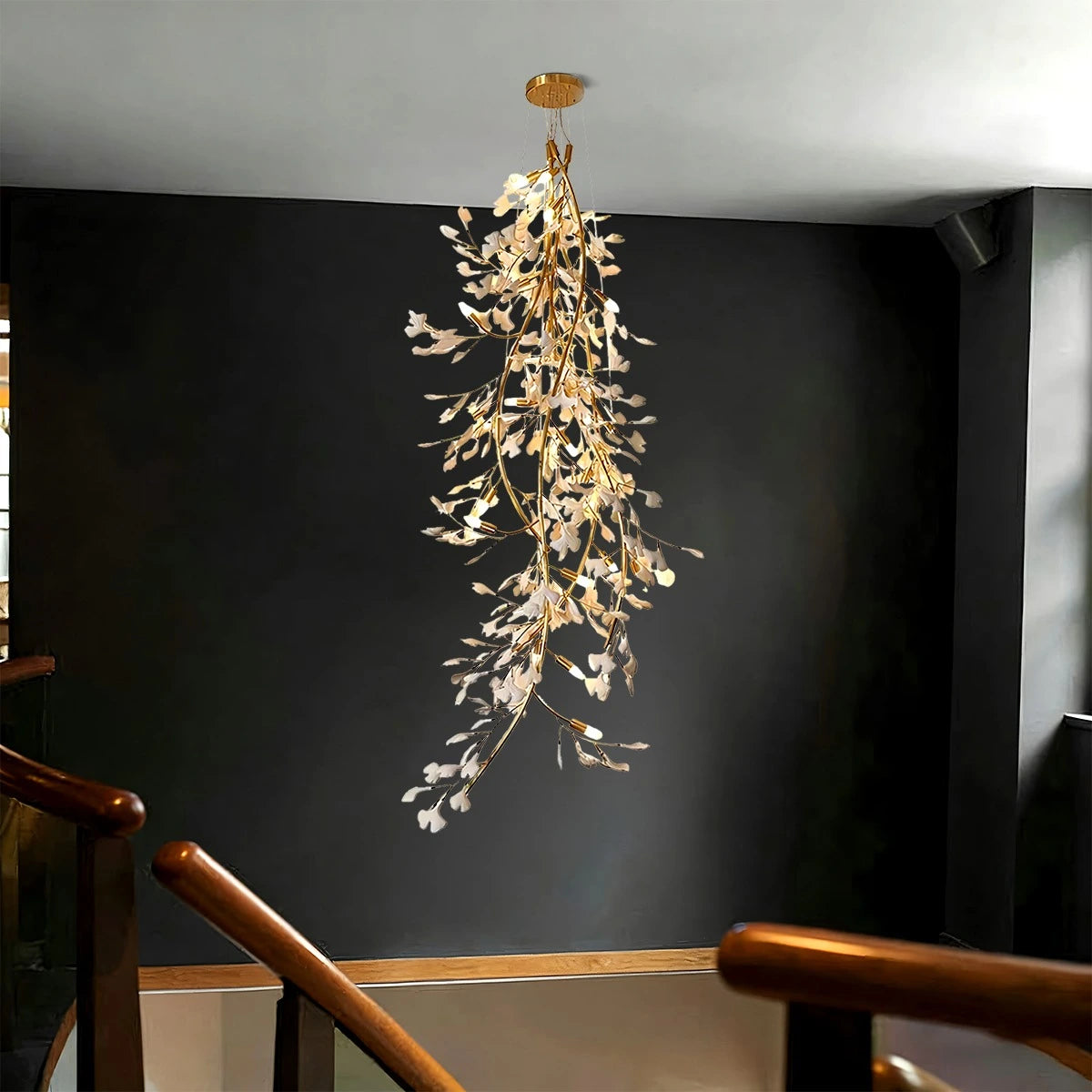 Antizer Ginkgo Long Branch Chandelier for High Ceiling