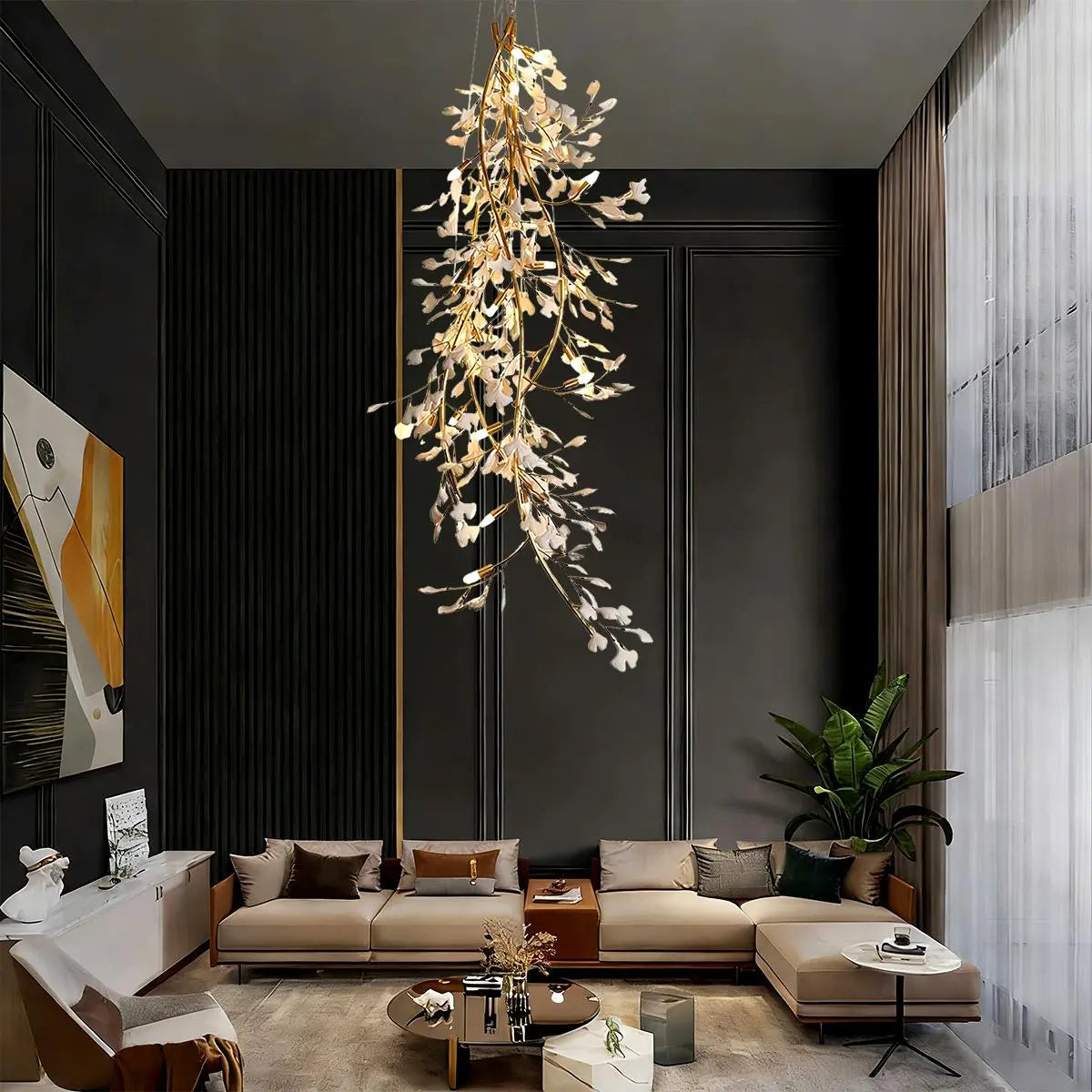 Antizer Ginkgo Long Branch Chandelier for High Ceiling