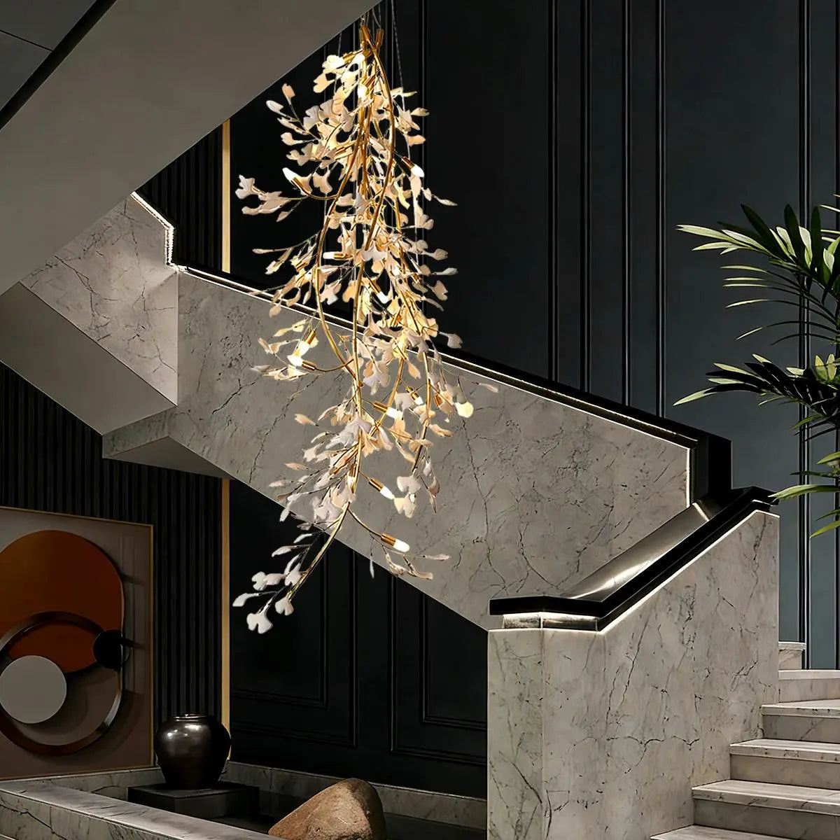 Antizer Ginkgo Long Branch Chandelier for High Ceiling