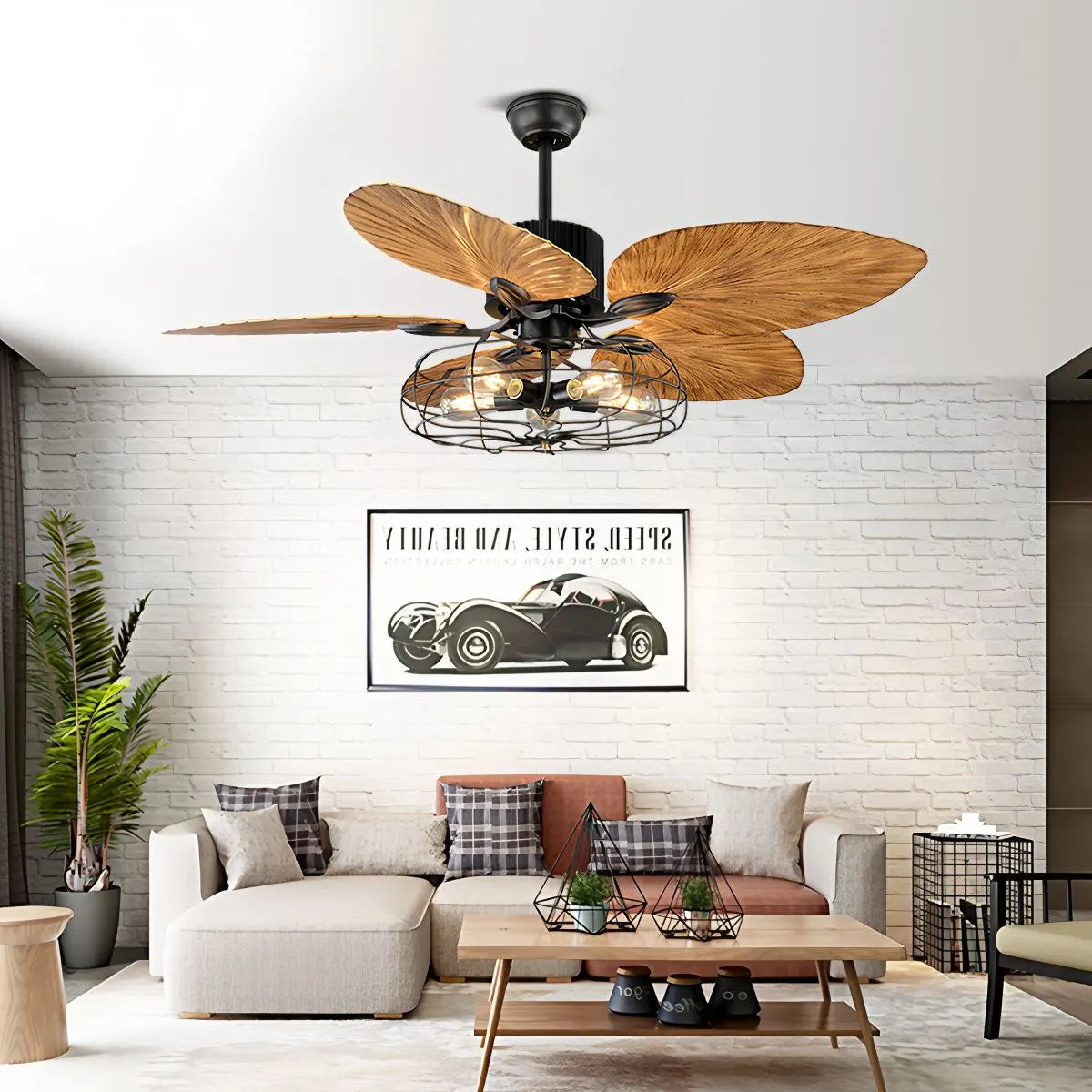 Antizer Industrial Tropical Palm Leaves Ceiling Fan Light