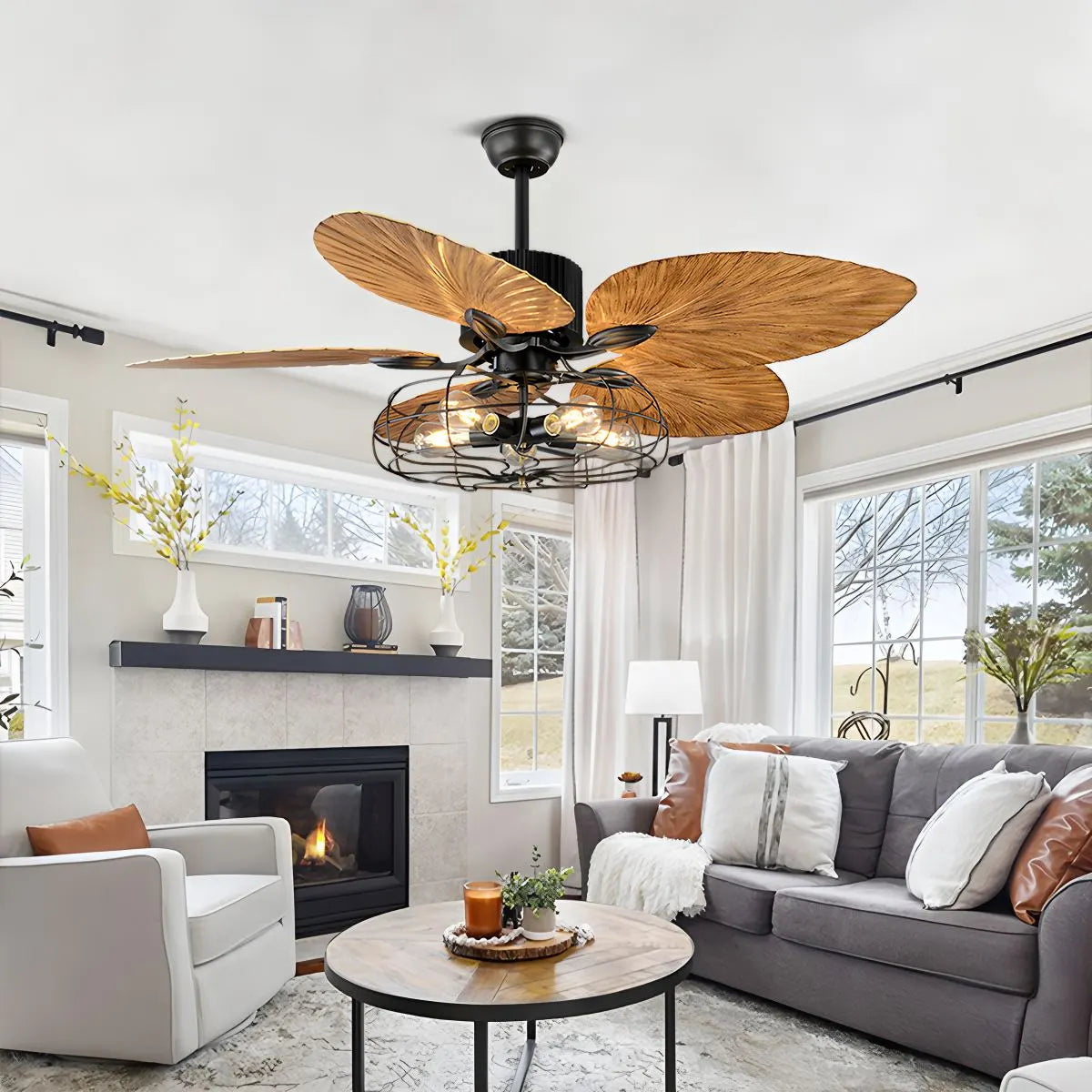 Antizer Industrial Tropical Palm Leaves Ceiling Fan Light