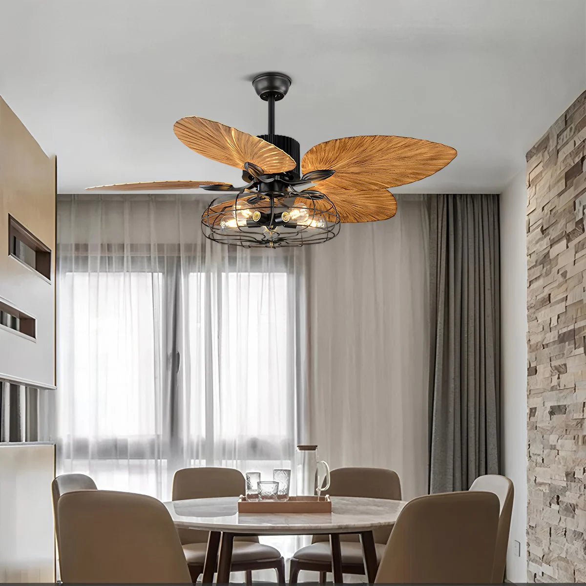 Antizer Industrial Tropical Palm Leaves Ceiling Fan Light