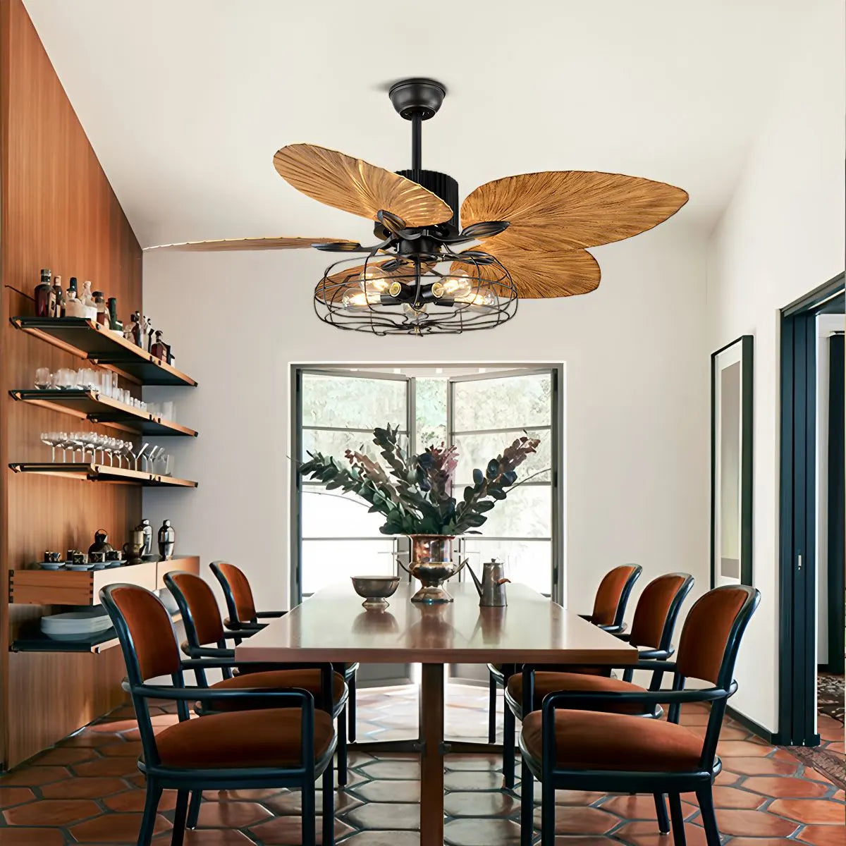 Antizer Industrial Tropical Palm Leaves Ceiling Fan Light