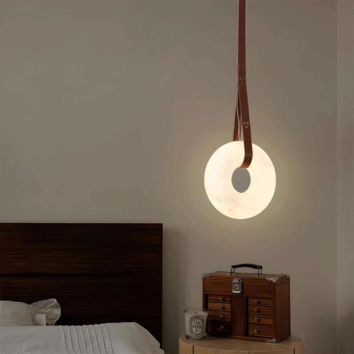 Antizer Round Spanish Alabaster Pendant Light Leather Hanging Wire