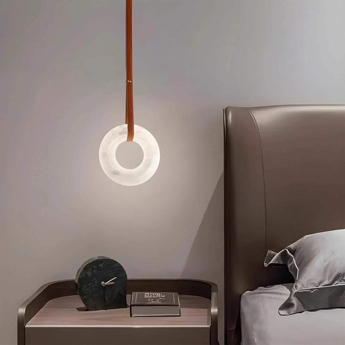 Antizer Round Spanish Alabaster Pendant Light Leather Hanging Wire