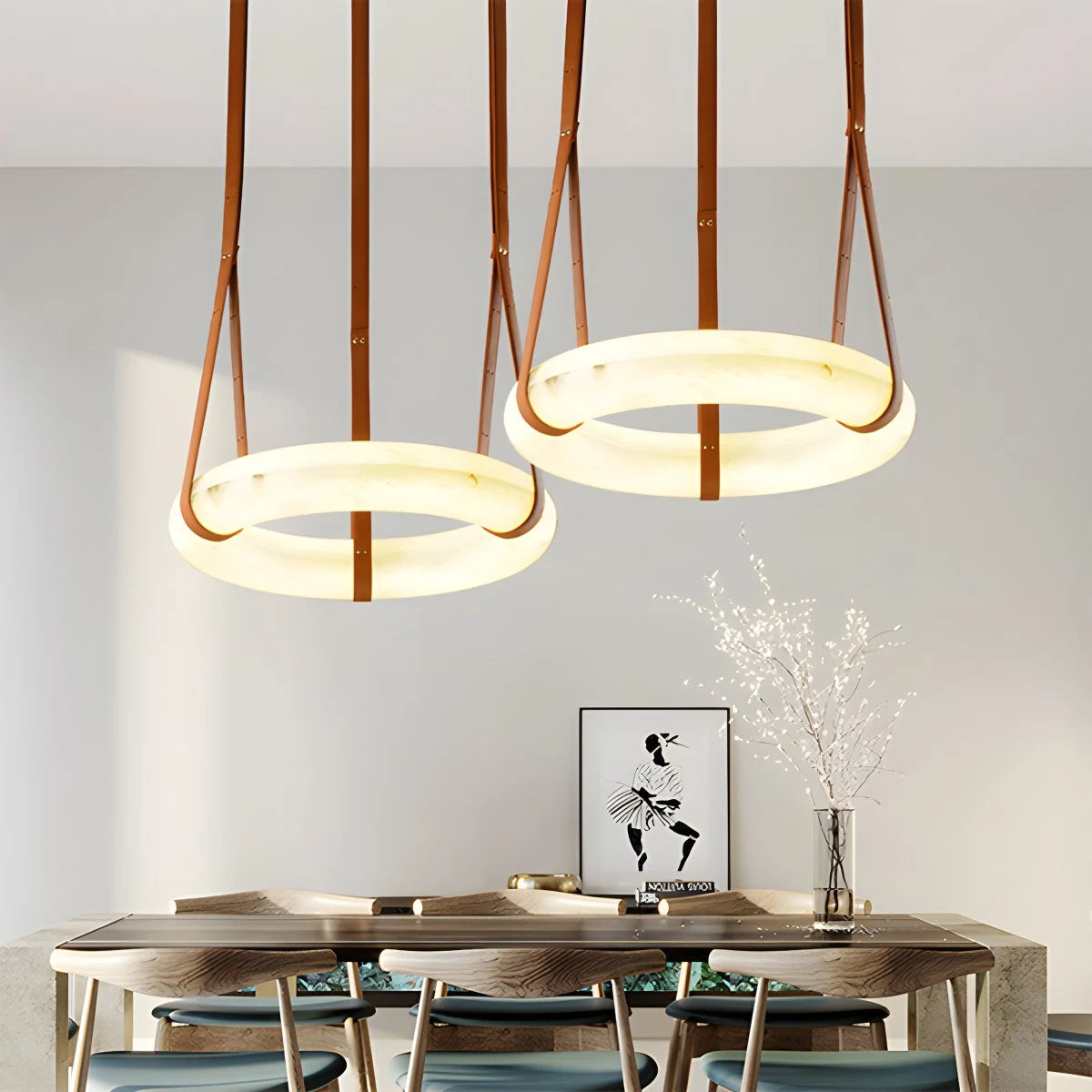 Antizer Round Spanish Alabaster Pendant Light Leather Hanging Wire