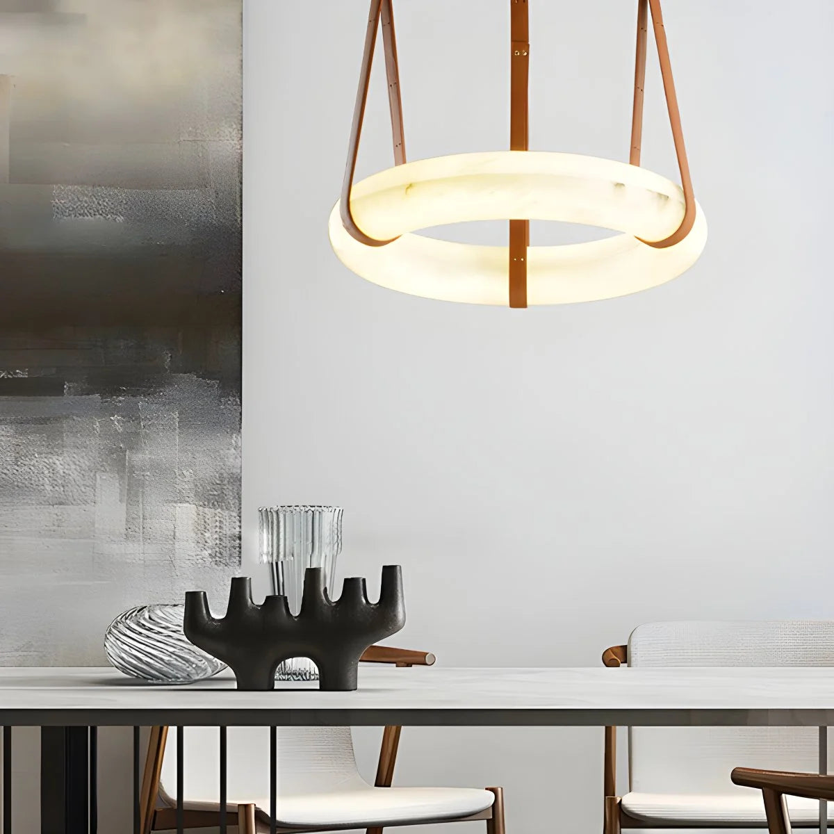 Antizer Round Spanish Alabaster Pendant Light Leather Hanging Wire