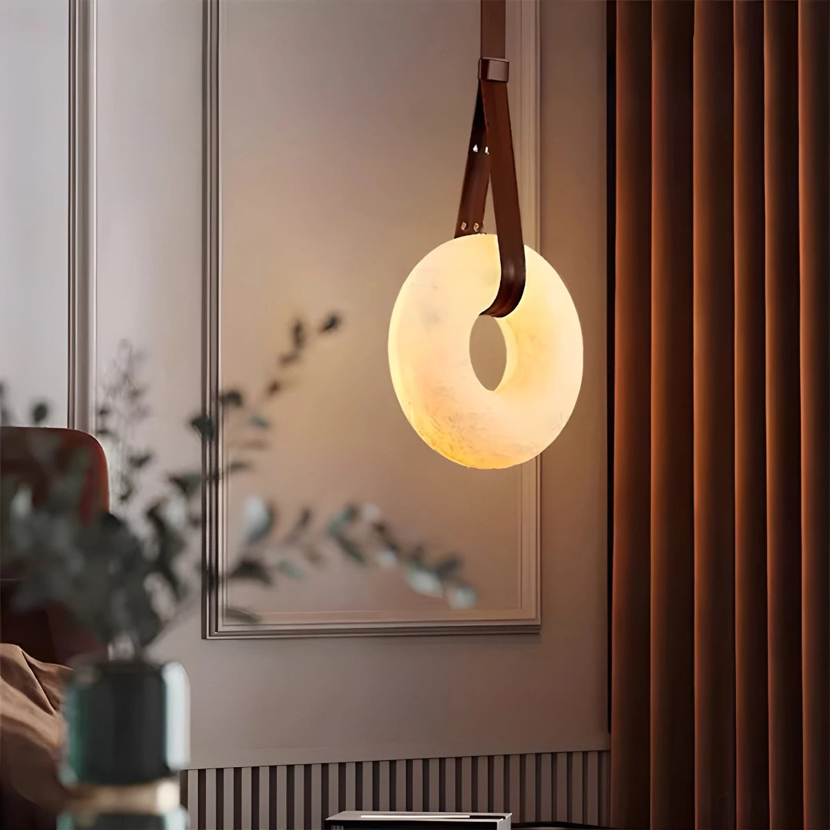 Antizer Round Spanish Alabaster Pendant Light Leather Hanging Wire
