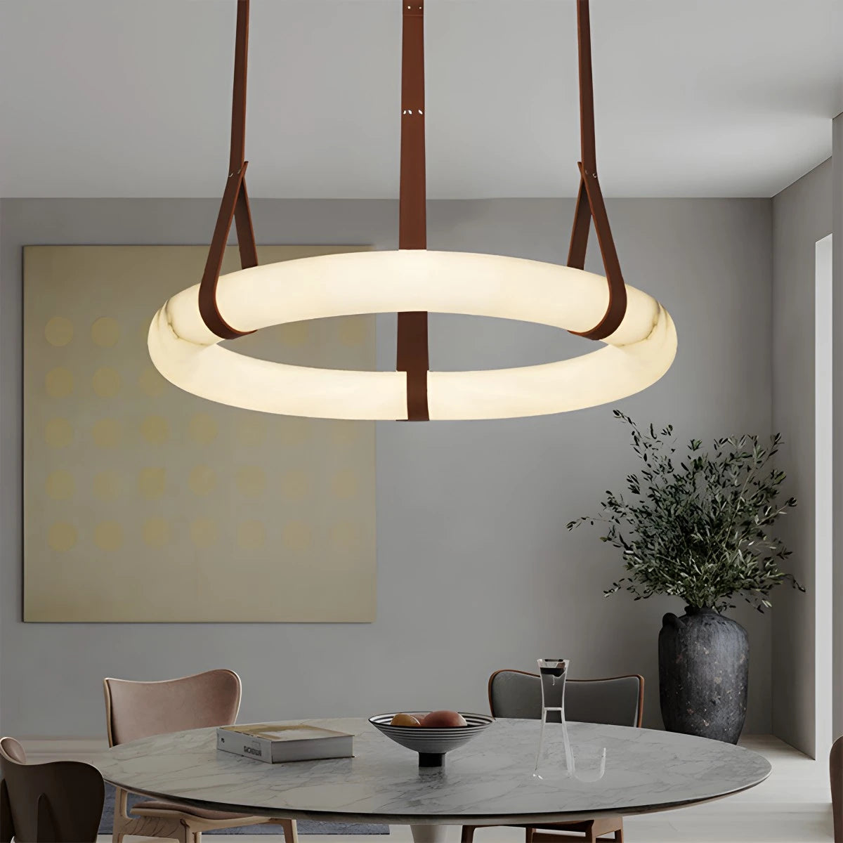 Antizer Round Spanish Alabaster Pendant Light Leather Hanging Wire