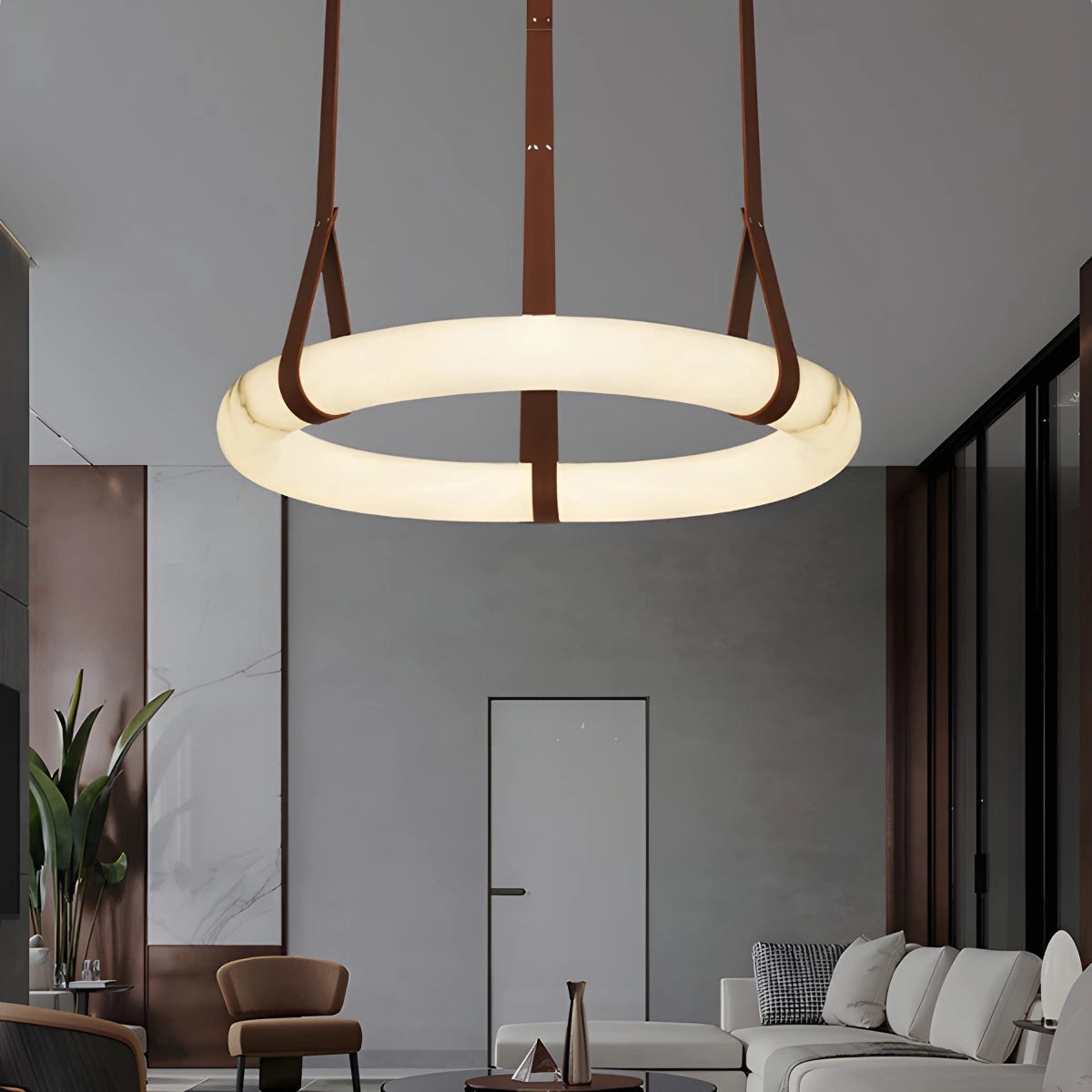 Antizer Round Spanish Alabaster Pendant Light Leather Hanging Wire