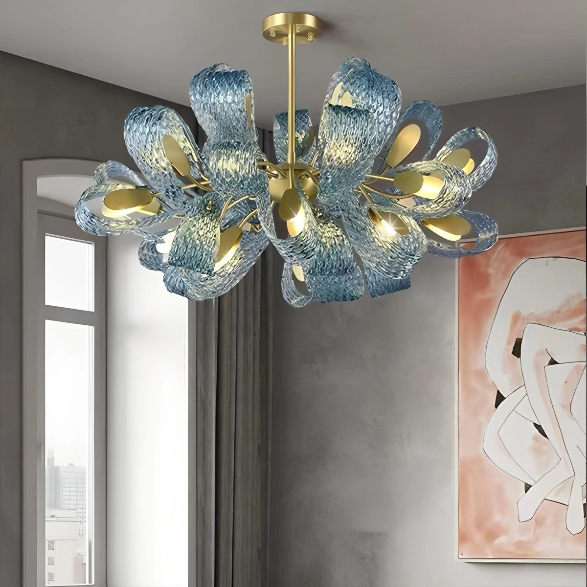 Antizer Peacock Blue Art Glass Chandelier for Dining Room