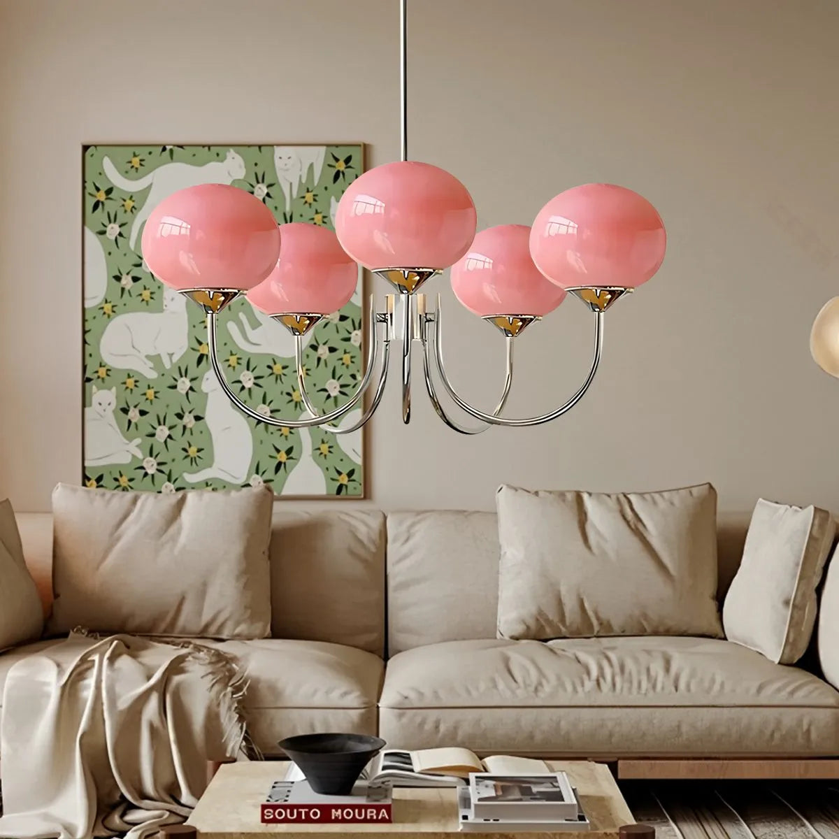 Antizer Pink Glass Globe Arm Chandelier for Living Room