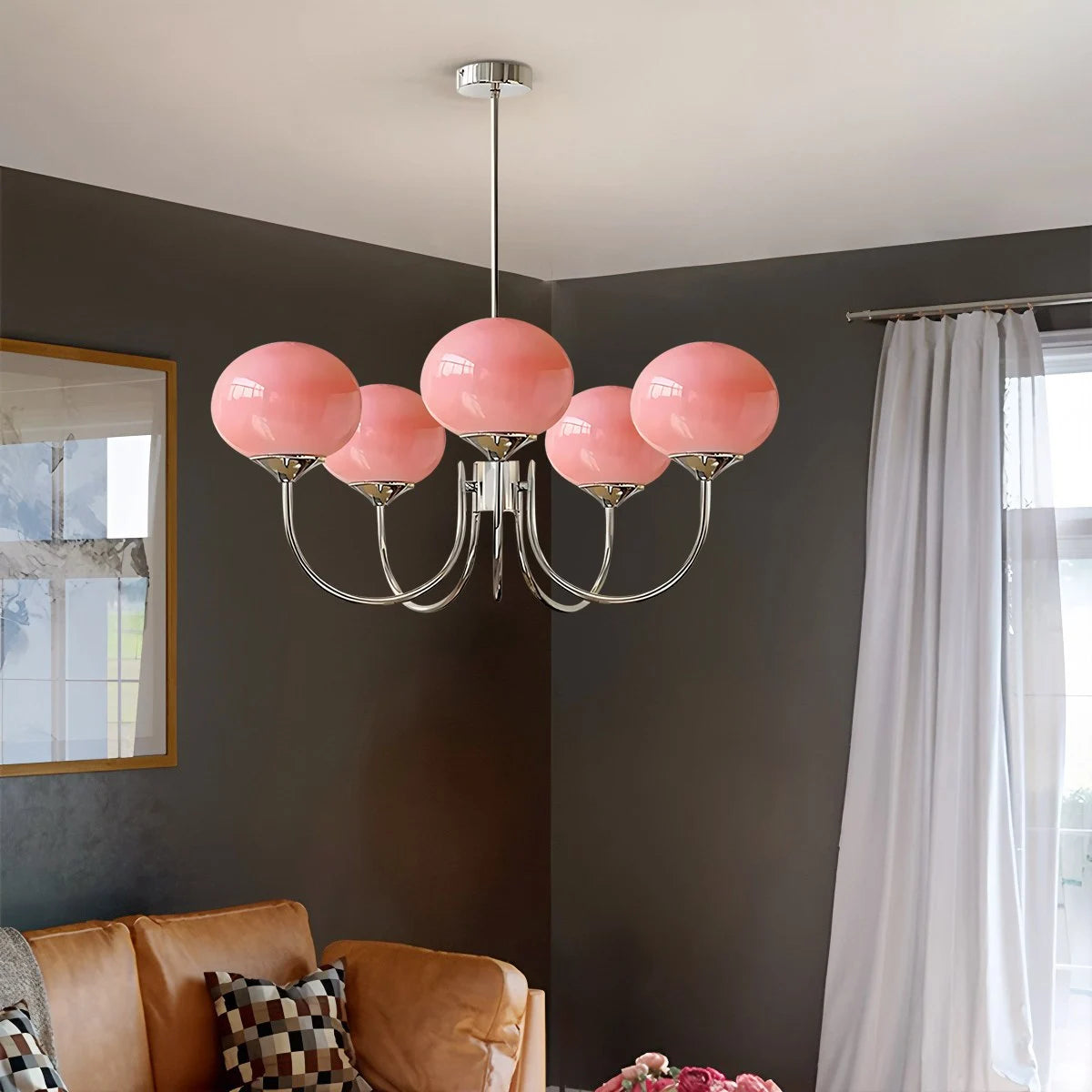 Antizer Pink Glass Globe Arm Chandelier for Living Room