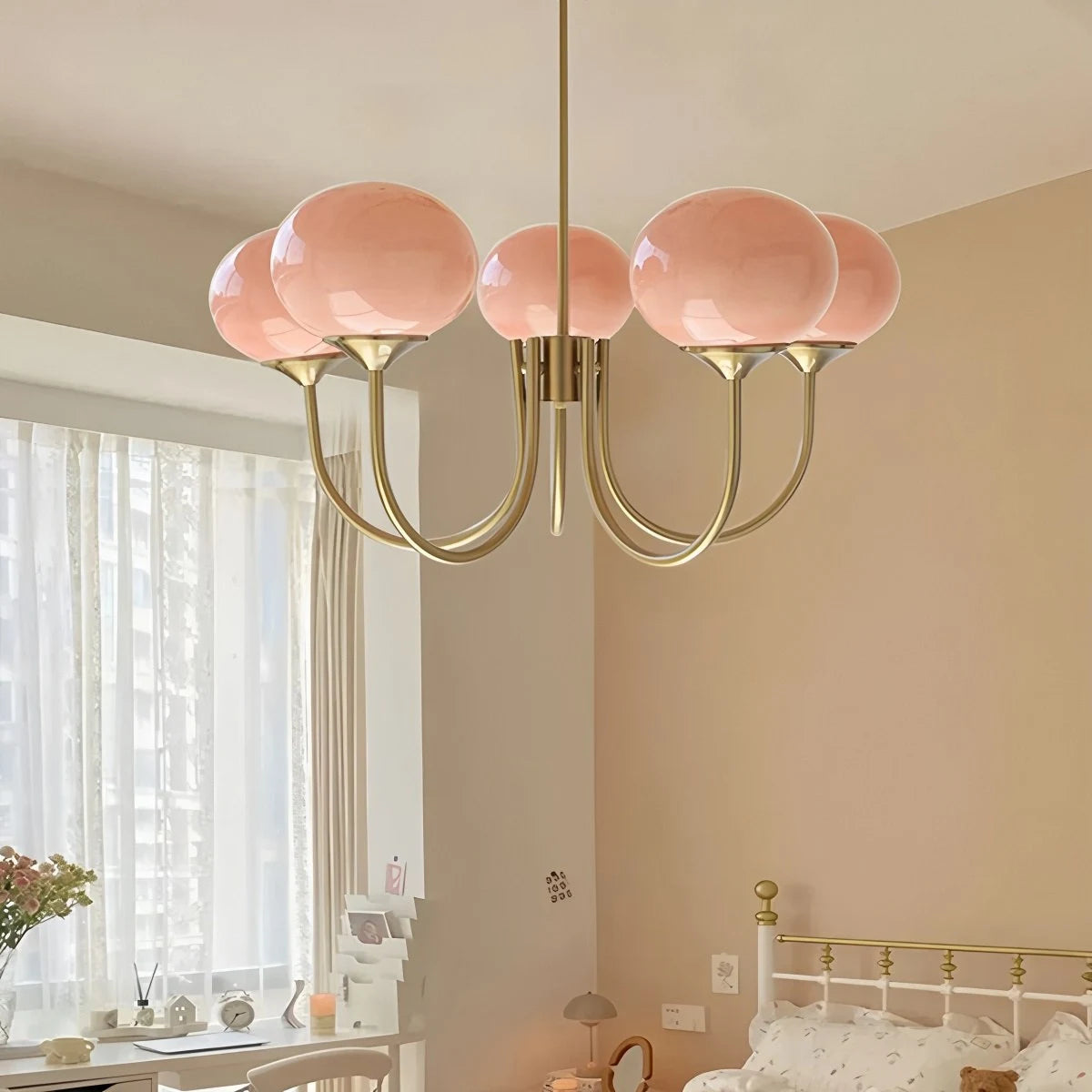 Antizer Pink Glass Globe Arm Chandelier for Living Room