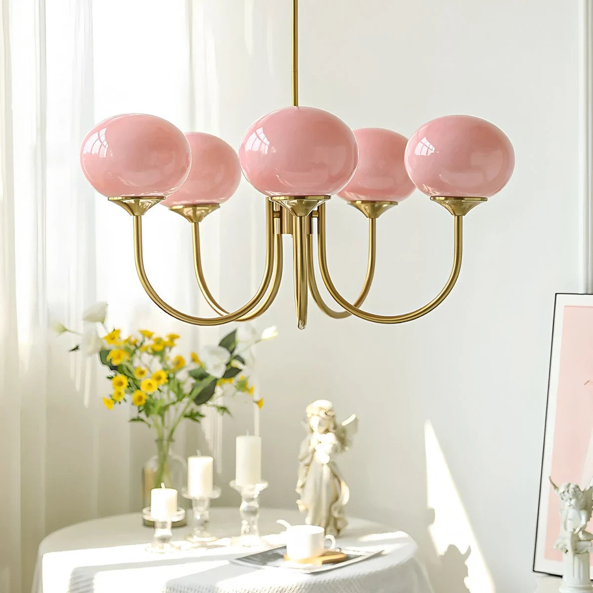 Antizer Pink Glass Globe Arm Chandelier for Living Room