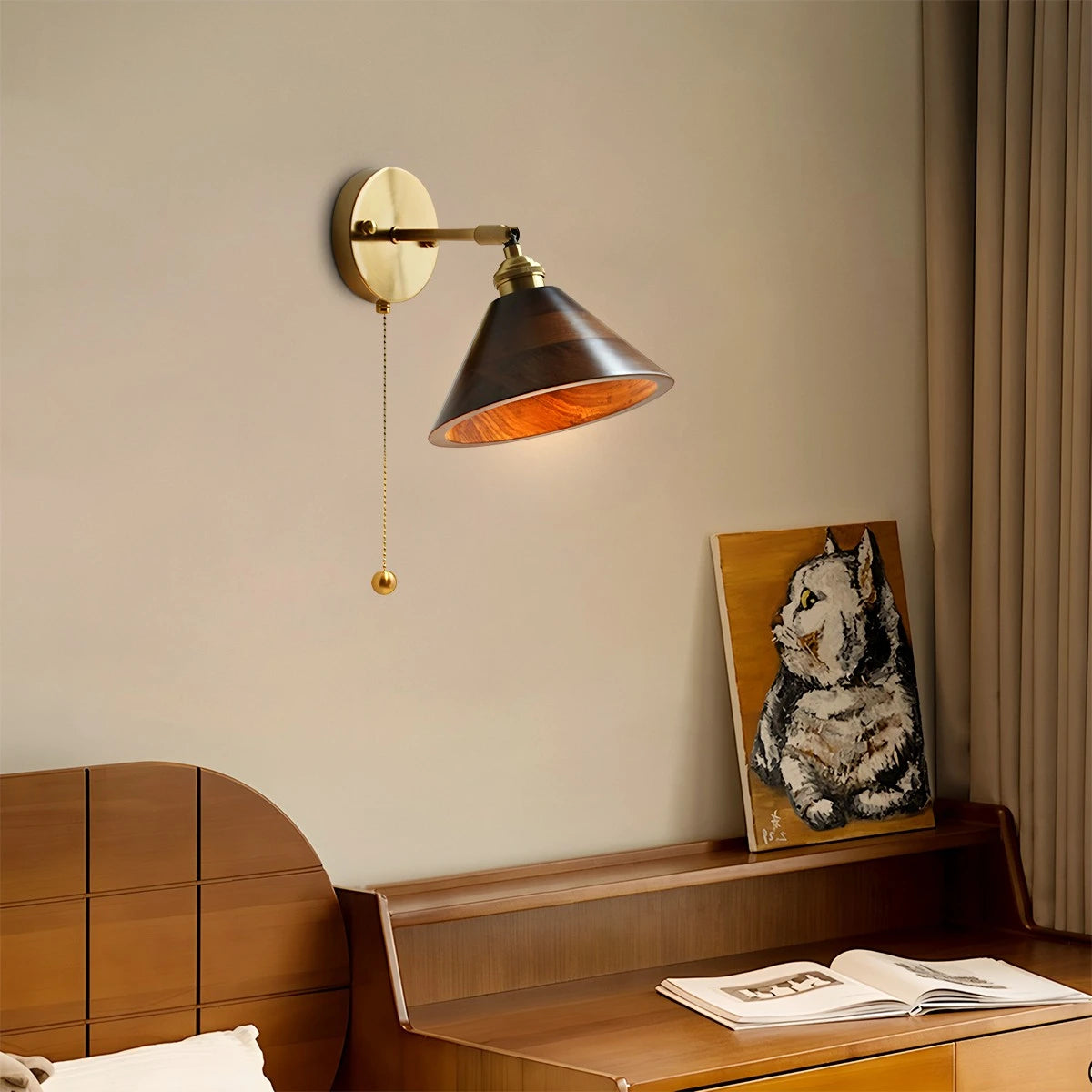 Antizer Vintage Wood Pull Chain Switch Wall Lamp