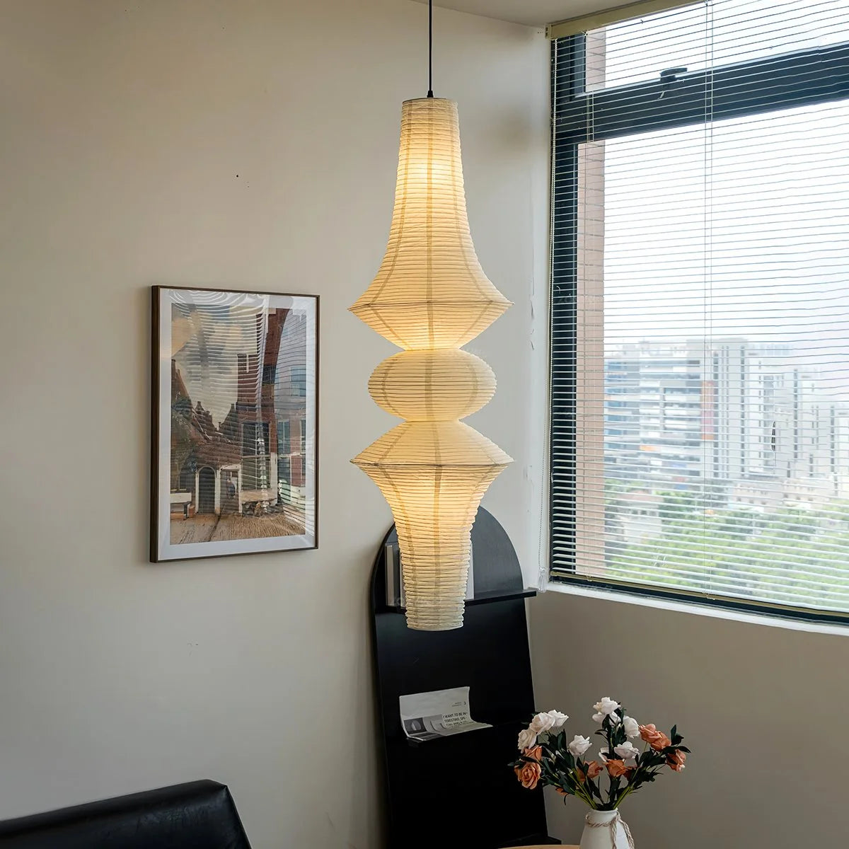 Antizer Washi Paper Corner Pendant Light for High Ceilings