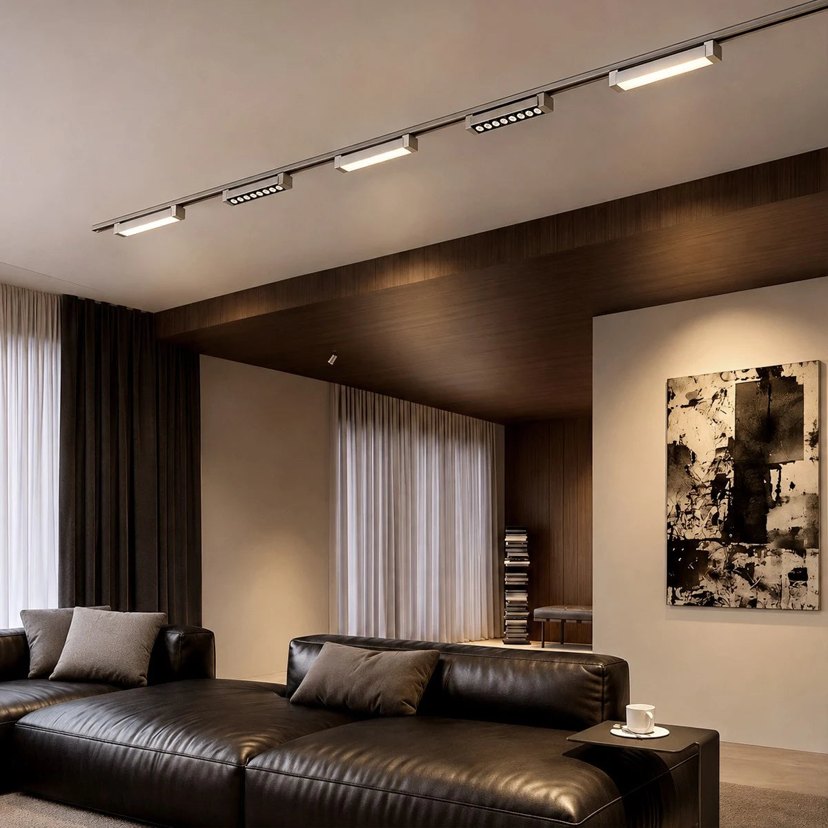 Antizer Bauhaus nickel plated track light showing linear and multi-cell lighting modules