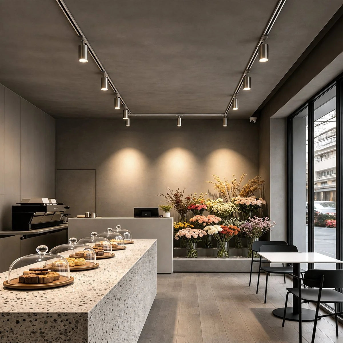 Antizer Bauhaus track lighting directed toward a display area