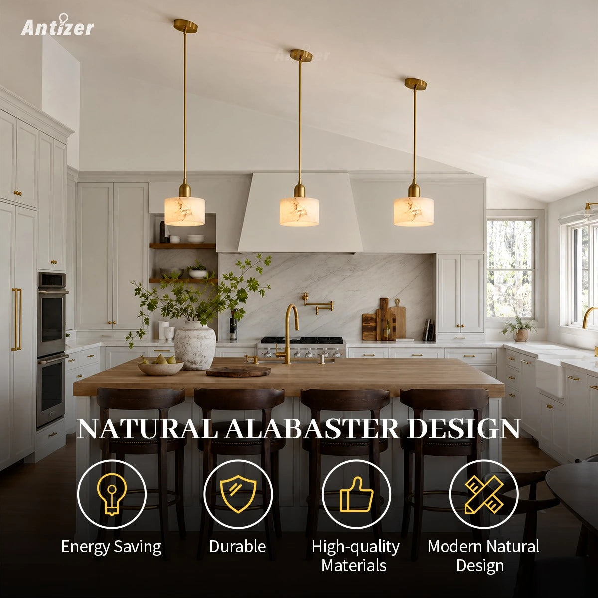 Antizer Modern Brass Alabaster Pendant Light